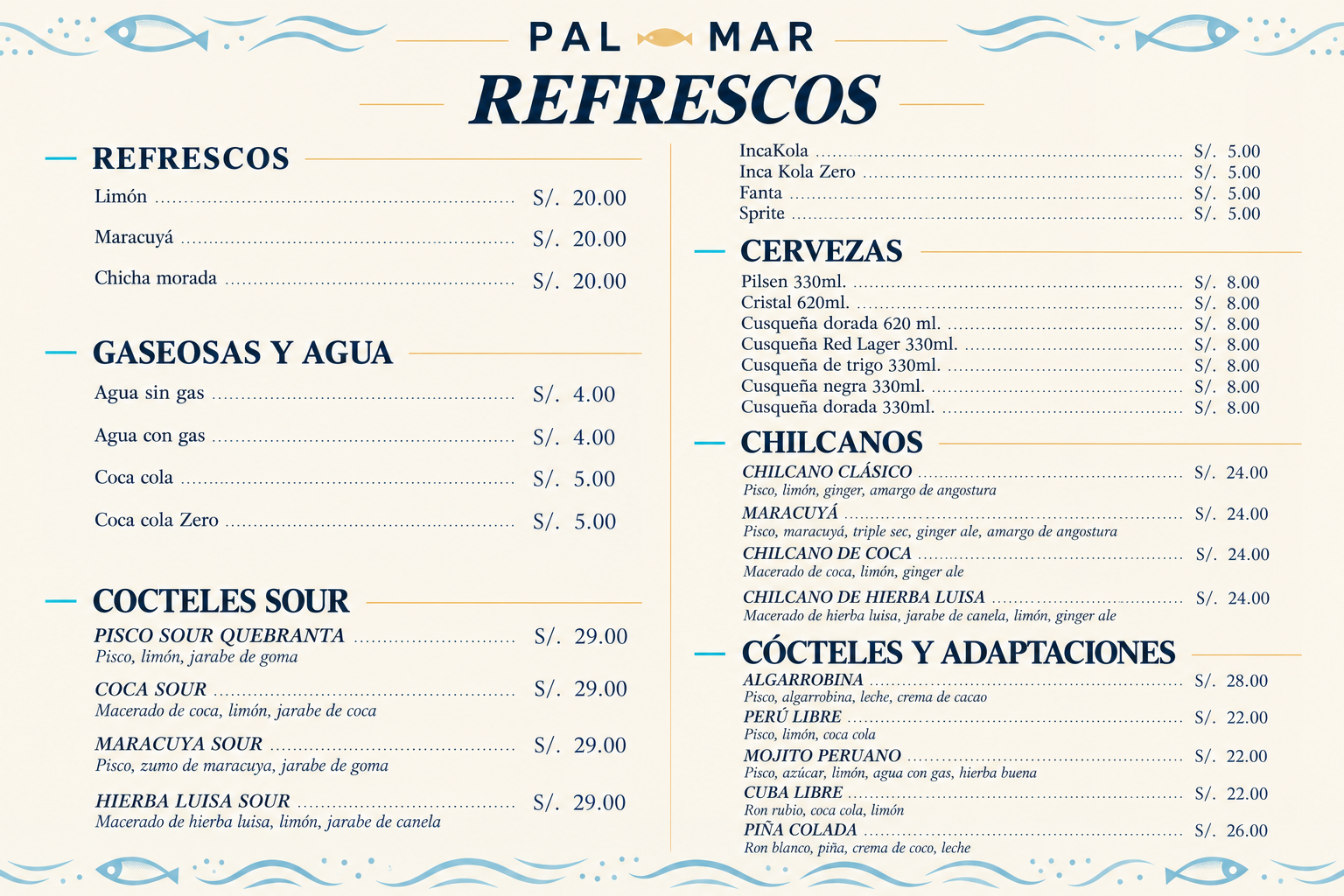 Menú Costero PalMar Refrescos y Cócteles